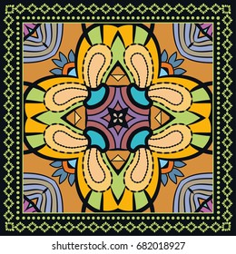 Decorative abstract colorful background, geometric floral doodle pattern with ornate lace frame. Tribal ethnic ornament. Bandanna shawl, tablecloth fabric print, silk neck scarf, kerchief design
