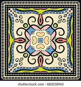 Decorative abstract colorful background, geometric floral doodle pattern with ornate lace frame. Tribal ethnic ornament. Bandanna shawl, tablecloth fabric print, silk neck scarf, kerchief design