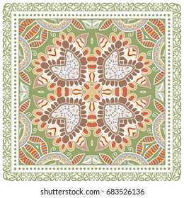 Decorative abstract colorful background, geometric floral doodle pattern with ornate lace frame. Tribal ethnic ornament. Bandanna shawl, tablecloth fabric print, silk neck scarf, kerchief design
