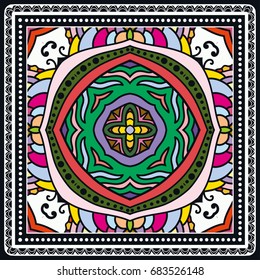 Decorative abstract colorful background, geometric floral doodle pattern with ornate lace frame. Tribal ethnic ornament. Bandanna shawl, tablecloth fabric print, silk neck scarf, kerchief design