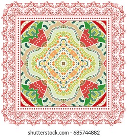 Decorative abstract colorful background, geometric floral doodle pattern with ornate lace frame. Tribal ethnic ornament. Bandanna shawl, tablecloth fabric print, silk neck scarf, kerchief design