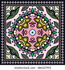 Decorative abstract colorful background, geometric floral doodle pattern with ornate lace frame. Tribal ethnic ornament. Bandanna shawl fabric print, silk neck scarf or kerchief design
