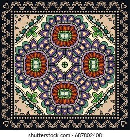 Decorative abstract colorful background, geometric floral doodle pattern with ornate lace frame. Tribal ethnic ornament. Bandanna shawl, tablecloth fabric print, silk neck scarf, kerchief design