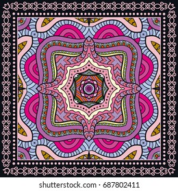 Decorative abstract colorful background, geometric floral doodle pattern with ornate lace frame. Tribal ethnic ornament. Bandanna shawl, tablecloth fabric print, silk neck scarf, kerchief design