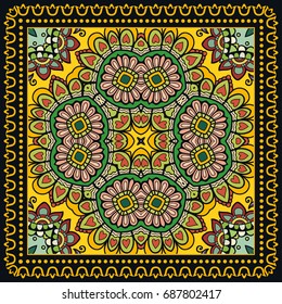 Decorative abstract colorful background, geometric floral doodle pattern with ornate lace frame. Tribal ethnic ornament. Bandanna shawl, tablecloth fabric print, silk neck scarf, kerchief design