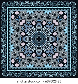 Decorative abstract colorful background, geometric floral doodle pattern with ornate lace frame. Tribal ethnic ornament. Bandanna shawl, tablecloth fabric print, silk neck scarf, kerchief design