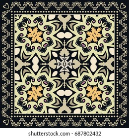 Decorative abstract colorful background, geometric floral doodle pattern with ornate lace frame. Tribal ethnic ornament. Bandanna shawl, tablecloth fabric print, silk neck scarf, kerchief design