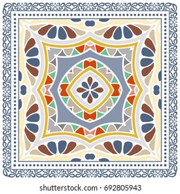 Decorative abstract colorful background, geometric floral doodle pattern with ornate lace frame. Tribal ethnic ornament. Bandanna shawl, tablecloth fabric print, silk neck scarf, kerchief design