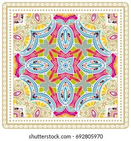Decorative abstract colorful background, geometric floral doodle pattern with ornate lace frame. Tribal ethnic ornament. Bandanna shawl, tablecloth fabric print, silk neck scarf, kerchief design