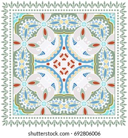 Decorative abstract colorful background, geometric floral doodle pattern with ornate lace frame. Tribal ethnic ornament. Bandanna shawl, tablecloth fabric print, silk neck scarf, kerchief design