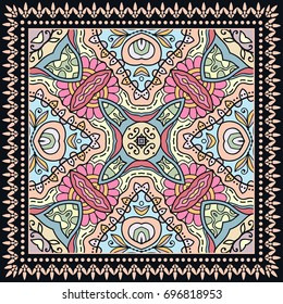 Decorative abstract colorful background, geometric floral doodle pattern with ornate lace frame. Tribal ethnic ornament. Bandanna shawl, tablecloth fabric print, silk neck scarf, kerchief design