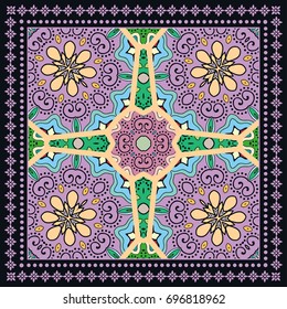 Decorative abstract colorful background, geometric floral doodle pattern with ornate lace frame. Tribal ethnic ornament. Bandanna shawl, tablecloth fabric print, silk neck scarf, kerchief design