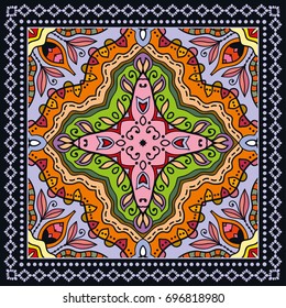Decorative abstract colorful background, geometric floral doodle pattern with ornate lace frame. Tribal ethnic ornament. Bandanna shawl, tablecloth fabric print, silk neck scarf, kerchief design