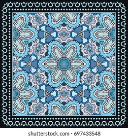 Decorative abstract colorful background, geometric floral doodle pattern with ornate lace frame. Tribal ethnic ornament. Bandanna shawl, tablecloth fabric print, silk neck scarf, kerchief design