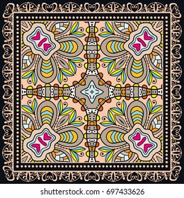 Decorative abstract colorful background, geometric floral doodle pattern with ornate lace frame. Tribal ethnic ornament. Bandanna shawl, tablecloth fabric print, silk neck scarf, kerchief design