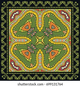 Decorative abstract colorful background, geometric floral doodle pattern with ornate lace frame. Tribal ethnic ornament. Bandanna shawl, tablecloth fabric print, silk neck scarf, kerchief design
