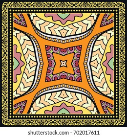 Decorative abstract colorful background, geometric floral doodle pattern with ornate lace frame. Tribal ethnic ornament. Bandanna shawl, tablecloth fabric print, silk neck scarf, kerchief design