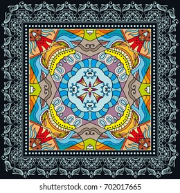Decorative abstract colorful background, geometric floral doodle pattern with ornate lace frame. Tribal ethnic ornament. Bandanna shawl, tablecloth fabric print, silk neck scarf, kerchief design