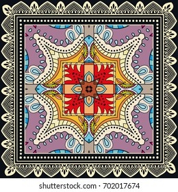 Decorative abstract colorful background, geometric floral doodle pattern with ornate lace frame. Tribal ethnic ornament. Bandanna shawl, tablecloth fabric print, silk neck scarf, kerchief design