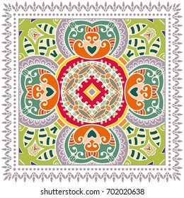 Decorative abstract colorful background, geometric floral doodle pattern with ornate lace frame. Tribal ethnic ornament. Bandanna shawl, tablecloth fabric print, silk neck scarf, kerchief design
