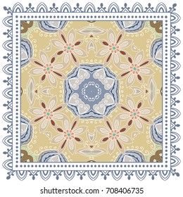 Decorative abstract colorful background, geometric floral doodle pattern with ornate lace frame. Tribal ethnic ornament. Bandanna shawl, tablecloth fabric print, silk neck scarf, kerchief design