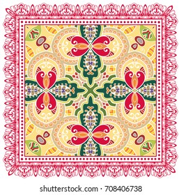 Decorative abstract colorful background, geometric floral doodle pattern with ornate lace frame. Tribal ethnic ornament. Bandanna shawl, tablecloth fabric print, silk neck scarf, kerchief design