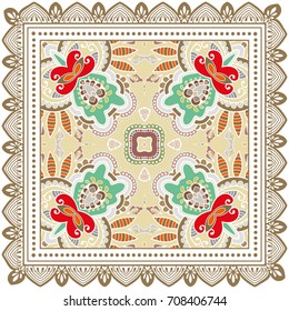 Decorative abstract colorful background, geometric floral doodle pattern with ornate lace frame. Tribal ethnic ornament. Bandanna shawl, tablecloth fabric print, silk neck scarf, kerchief design