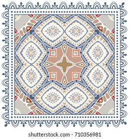 Decorative abstract colorful background, geometric floral doodle pattern with ornate lace frame. Tribal ethnic ornament. Bandanna shawl, tablecloth fabric print, silk neck scarf, kerchief design