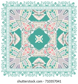 Decorative abstract colorful background, geometric floral doodle pattern with ornate lace frame. Tribal ethnic ornament. Bandanna shawl, tablecloth fabric print, silk neck scarf, kerchief design