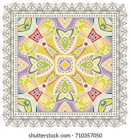 Decorative abstract colorful background, geometric floral doodle pattern with ornate lace frame. Tribal ethnic ornament. Bandanna shawl, tablecloth fabric print, silk neck scarf, kerchief design