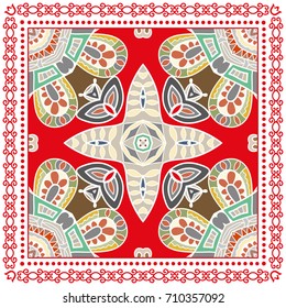 Decorative abstract colorful background, geometric floral doodle pattern with ornate lace frame. Tribal ethnic ornament. Bandanna shawl, tablecloth fabric print, silk neck scarf, kerchief design