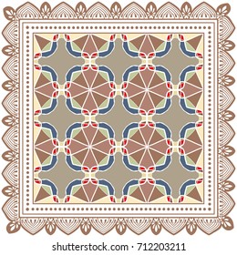 Decorative abstract colorful background, geometric floral doodle pattern with ornate lace frame. Tribal ethnic ornament. Bandanna shawl, tablecloth fabric print, silk neck scarf, kerchief design