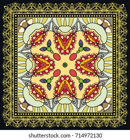 Decorative abstract colorful background, geometric floral doodle pattern with ornate lace frame. Tribal ethnic ornament. Bandanna shawl fabric print, silk neck scarf or kerchief design
