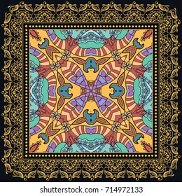 Decorative abstract colorful background, geometric floral doodle pattern with ornate lace frame. Tribal ethnic ornament. Bandanna shawl fabric print, silk neck scarf or kerchief design
