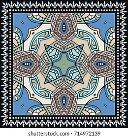 Decorative abstract colorful background, geometric floral doodle pattern with ornate lace frame. Tribal ethnic ornament. Bandanna shawl fabric print, silk neck scarf or kerchief design
