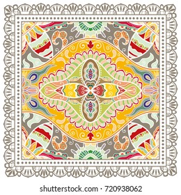 Decorative abstract colorful background, geometric floral doodle pattern with ornate lace frame. Tribal ethnic ornament. Bandanna shawl, tablecloth fabric print, silk neck scarf, kerchief design