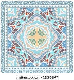 Decorative abstract colorful background, geometric floral doodle pattern with ornate lace frame. Tribal ethnic ornament. Bandanna shawl, tablecloth fabric print, silk neck scarf, kerchief design