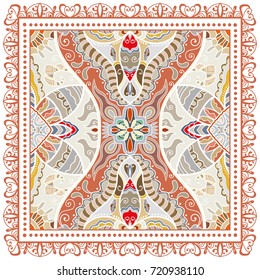 Decorative abstract colorful background, geometric floral doodle pattern with ornate lace frame. Tribal ethnic ornament. Bandanna shawl, tablecloth fabric print, silk neck scarf, kerchief design