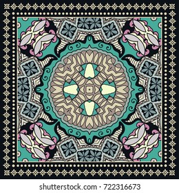 Decorative abstract colorful background, geometric floral doodle pattern with ornate lace frame. Tribal ethnic ornament. Bandanna shawl, tablecloth fabric print, silk neck scarf, kerchief design