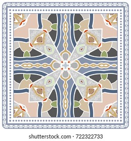 Decorative abstract colorful background, geometric floral doodle pattern with ornate lace frame. Tribal ethnic ornament. Bandanna shawl, tablecloth fabric print, silk neck scarf, kerchief design