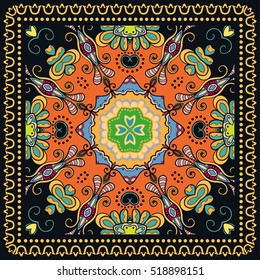 Decorative abstract colorful background, mandala geometric floral pattern with ornate lace frame, tribal ethnic ornament. Bandanna shawl fabric print, silk neck scarf, kerchief design vector decor