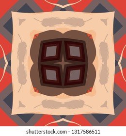 Decorative abstract colorful background, square geometric floral pattern with ornate lace frame, tribal ethnic ornament. Bandanna shawl fabric print, silk neck scarf, kerchief design vector decoration
