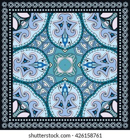 Decorative abstract colorful background, square geometric floral pattern with ornate lace frame, tribal ethnic ornament. Bandanna shawl fabric print, silk neck scarf, kerchief design vector decoration
