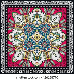 Decorative abstract colorful background, square geometric floral pattern with ornate lace frame, tribal ethnic ornament. Bandanna shawl fabric print, silk neck scarf, kerchief design vector decoration