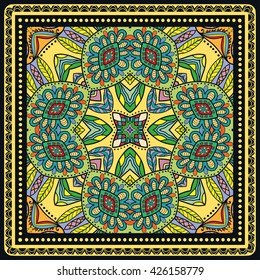 Decorative abstract colorful background, square geometric floral pattern with ornate lace frame, tribal ethnic ornament. Bandanna shawl fabric print, silk neck scarf, kerchief design vector decoration