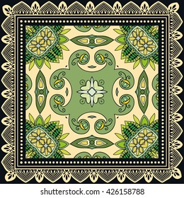 Decorative abstract colorful background, square geometric floral pattern with ornate lace frame, tribal ethnic ornament. Bandanna shawl fabric print, silk neck scarf, kerchief design vector decoration
