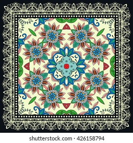 Decorative abstract colorful background, square geometric floral pattern with ornate lace frame, tribal ethnic ornament. Bandanna shawl fabric print, silk neck scarf, kerchief design vector decoration