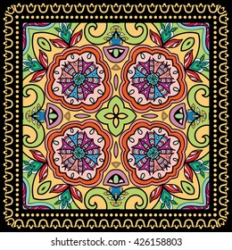 Decorative abstract colorful background, square geometric floral pattern with ornate lace frame, tribal ethnic ornament. Bandanna shawl fabric print, silk neck scarf, kerchief design vector decoration