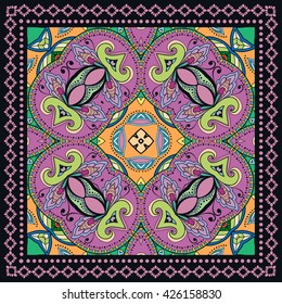 Decorative abstract colorful background, square geometric floral pattern with ornate lace frame, tribal ethnic ornament. Bandanna shawl fabric print, silk neck scarf, kerchief design vector decoration