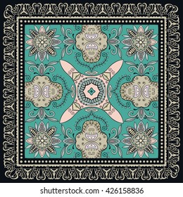 Decorative abstract colorful background, square geometric floral pattern with ornate lace frame, tribal ethnic ornament. Bandanna shawl fabric print, silk neck scarf, kerchief design vector decoration